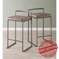 Lumisource B26-FUJI ANSTN2 Fuji Industrial Stackable Counter Stool in Antique with Stone Cowboy Fabric Cushion - Set of 2